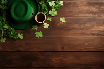 Aerial view of green hat, scattered green clovers on wooden boards, banner space for your own content. Green four-leaf clover symbol of St. Patrick's Day.