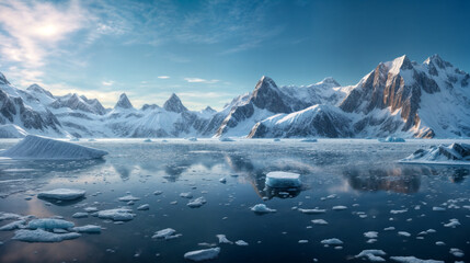 Antarctica snow capped mountains mirrored in tranquility waters. Generative AI - Powered by Adobe
