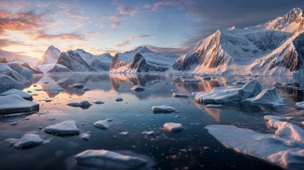 Gordijnen In Antarctica, snow mountains overlook icy waters with orange sky. Generative AI © REC Stock Footage