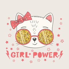 Cute cat girl face with glittering sunglasses, Girl Power slogan text for t-shirt graphics, fashion prints, slogan tees and other uses