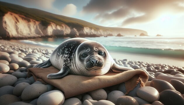 Seal pup resting on a pebble beach at sunset