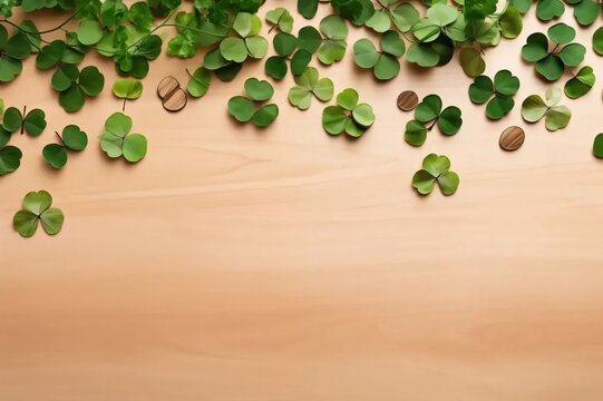 Top view of scattered green clovers on a light background, banner with space for your own content. Green four-leaf clover symbol of St. Patrick's Day.