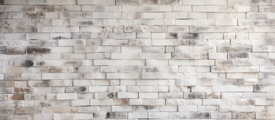 A closeup shot showcasing the textured pattern of beige brickwork on a white brick wall. The...