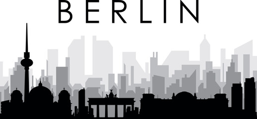 Fototapety  Black cityscape skyline panorama with gray misty city buildings background of BERLIN, GERMANY