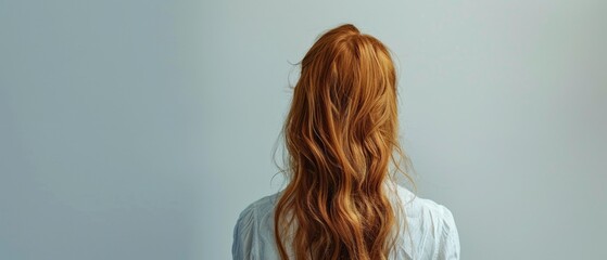 The silhouette of a woman from behind, her auburn hair flowing gracefully, secured with a small pin, against a soft, light background - obrazy, fototapety, plakaty