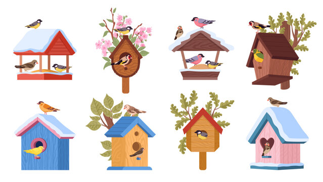 Birds in bird feeders. Hanging wooden birdhouses, birds feeding in birds nests on trees flat vector illustration set. Bird caring feeders