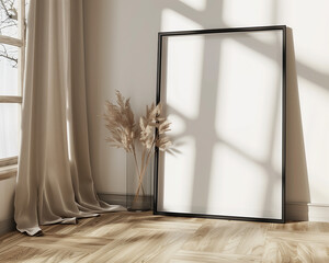 A mockup of an empty black frame leaning against the wall in a modern interior