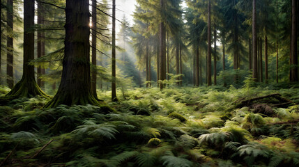 A forest floor covered in green moss with sunlight through trees, Generative AI