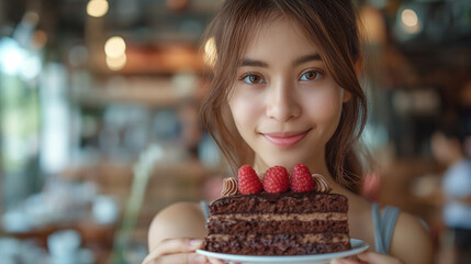 Diet, Dieting asian young woman, girl hand gesture push out rejecting eat chocolate cake, sweet taste fighting to keep it from getting fat when people giving her. Health care, nutrition of weight loss - obrazy, fototapety, plakaty