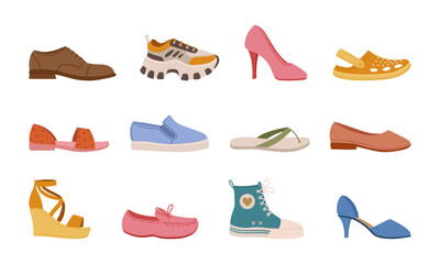 Spring summer footwear. Modern shoes, sneakers boots and sandals, male and female fashion shoes flat vector illustrations set. Casual seasonal footwear