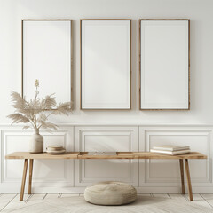 Three blank poster frames on the wall of a modern living room interior. A wooden console table with decor elements and accessories. Minimalist design.