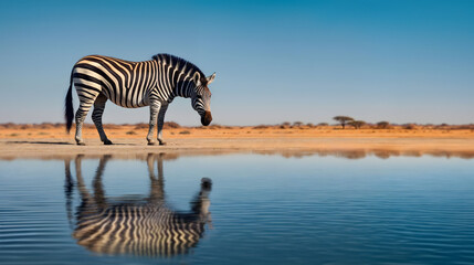 Fototapeta na wymiar A zebra stands on the shore of a river, reflecting in the water. Generative AI