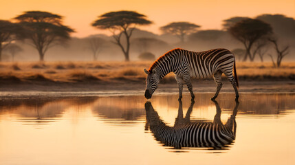 A zebra stands in water river, drinking at sunset, copy space. Generative AI