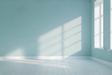 A spacious, empty room appears pristine and immaculate, with a pastel color palette. - obrazy, fototapety, plakaty