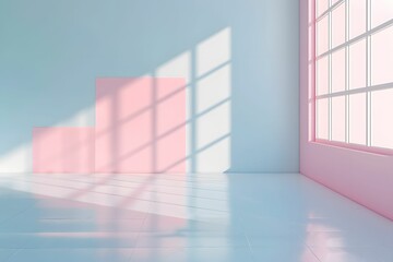 A spacious, empty room appears pristine and immaculate, with a pastel color palette.