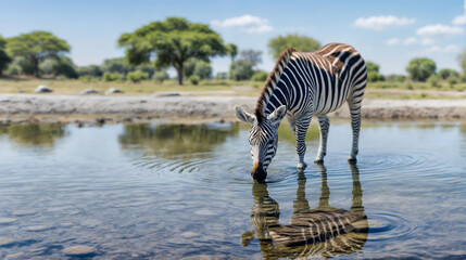 Fototapeta na wymiar A zebra leans down to drink from a pond with empty copy space. Generative AI