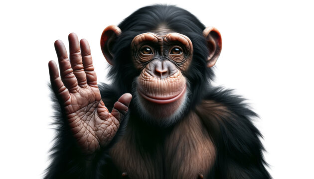 Monkey showing Salute Hand gesture. give me five. Chimpance hand in waving gesture, saying hello. Front view of the face and palm. Isolated.