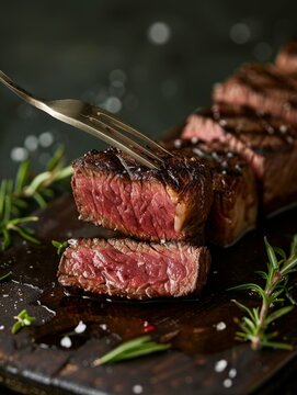 A freshly sliced medium-rare steak being served with tongs highlighting its juicy interior, on a rustic wooden board with herbs.