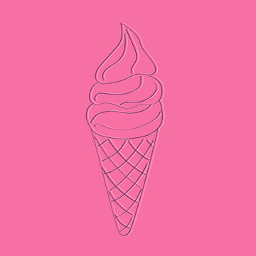 A doodle-style ice cream cone is pictured on a bright pink background. The cone is filled with swirls of ice cream in pastel colors, creating a playful and delicious image