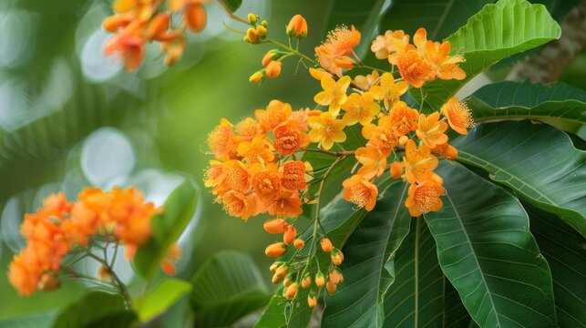 Ratchaphruek tree, perennial plant, leaves arranged alternately, feather-shaped, large clusters of flowers, orange-yellow, flat pods