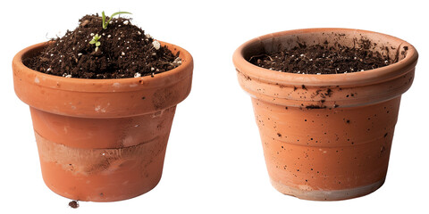Set of  clay pot full with soil isolated on transparent background