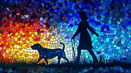 A silhouette of a person and their dog walking against a stained glass background with vivid, colorful squares.