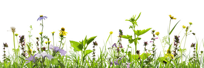 grass border with wildflowers isolated on transparent background © PixeloAI