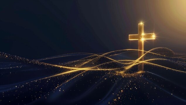 A dark blue background with golden lines and the cross of Jesus Christ glowing in gold, copy space for text Generative AI