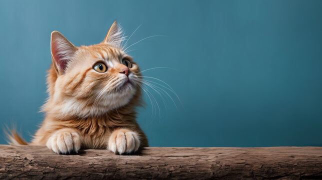 Orange tabby cat with striking looking upwards, empty copy space. Generative AI