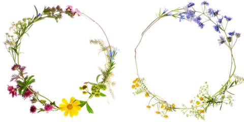 set of wreath frame made with wild flowers isolated on transparent background