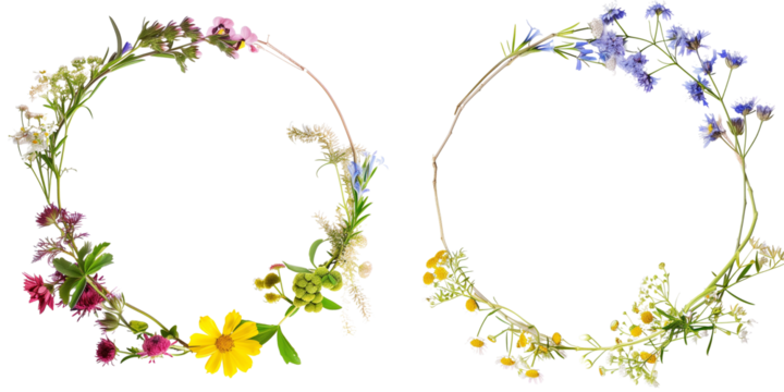set of wreath frame made with wild flowers isolated on transparent background