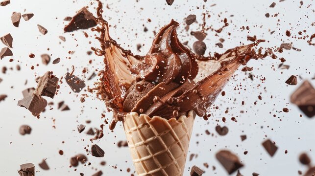 Delicious chocolate ice cream cone explosion isolated white background. AI generated image