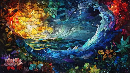 An artistic mosaic rendering of a seascape featuring waves and a glowing sunset captured in rich, warm colors. - obrazy, fototapety, plakaty