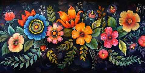 Brightly colored flowers and leaves in a traditional folk art style painting on a dark background.