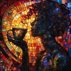 A contemplative woman's silhouette enjoys a cup of coffee against a radiant stained glass mosaic background.