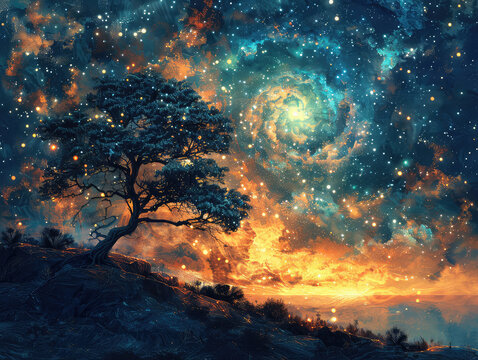 Cosmic Longing - Starlit Yearning - Vast Sky & Cosmic Elements - Craft an image that captures the feeling of longing, using a starry night sky or vast cosmic elements to convey a sense of yearning