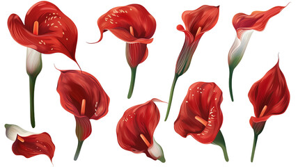 Set of tropical red Calla flowers isolated on transparent background - obrazy, fototapety, plakaty