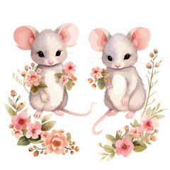 Floral Mice Clipart isolated on white background