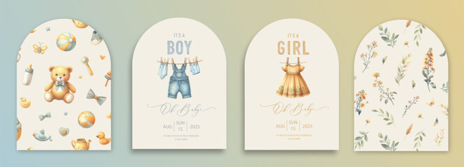Cute baby shower watercolor arch invitation card with clothes for newborns drying on a rope.