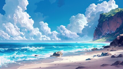 Illustration Portraying Tranquil Sea Shore Beauty Wallpaper