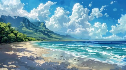 Illustration Portraying Tranquil Sea Shore Beauty Wallpaper