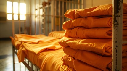 folded orange prisoner suits - obrazy, fototapety, plakaty
