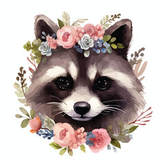 Flower Crown Raccoon Clipart isolated on white background