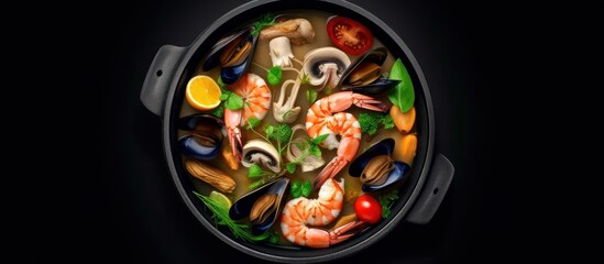 Mixed mussels, mussels and prawns on a wooden background served in a black frying pan