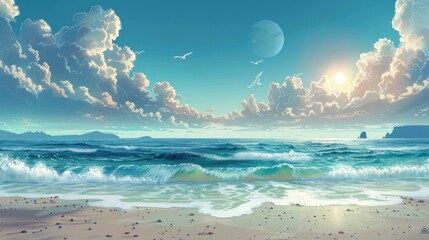 Illustration Portraying Tranquil Sea Shore Beauty Wallpaper