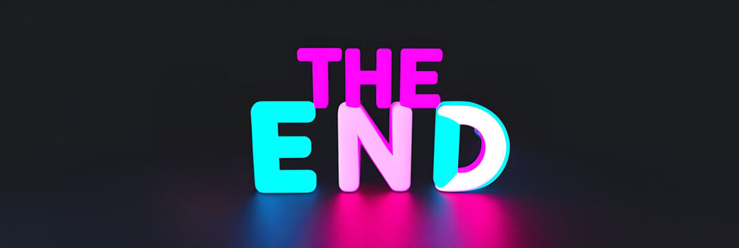 “THE END” in bold, 3D typography with a gradient of pink to blue colors, set against a dark background, conveying a sense of conclusion and finality