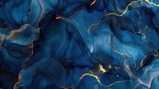 Luxury abstract deep blue and gold marble in fluid art painting in alcohol ink texture. AI generated