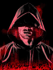 Hacker boy with hood, power of programming. Cutting-edge technology, use of artificial intelligence to expand and speed up programming processes. Illegal acquisition of information. Sensitive data - 757410820