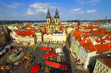 Panoramic aerial view of the Old Town Square (Staromestske namesti or Staromak), historic square in the Old Town quarter of Prague, the capital of the Czech Republic