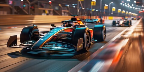 Formula One F1 Race Cars Racing at night